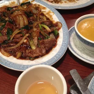 Mongolian beef, jasmine tea and the best lemon sauce I have ever had!