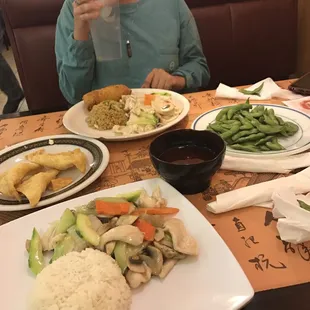 Moo Goo again Pan with edamame and cheese rangoons