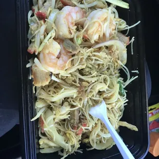 Singapore noodles.  Shrimp, Pork, Chicken. Yum