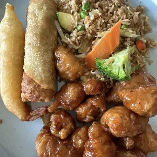 Family meal: orange chicken, fried rice, egg roll &amp; fried shrimp