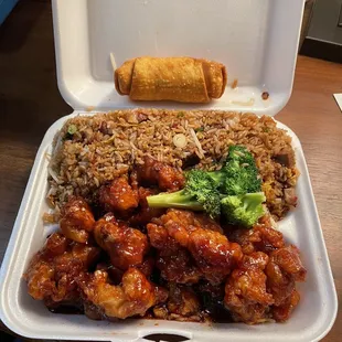 #15. General Tso&apos;s Chicken Dinner Special with BBQ Pork Fried Rice and eggroll