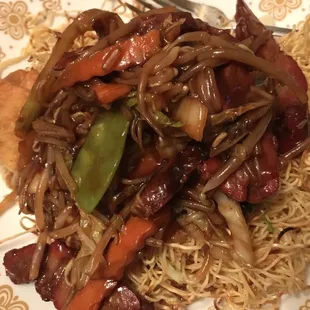 BBQ pork chow mein - plus half an egg roll I lifted from my love