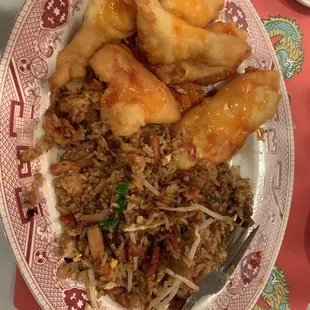 Sweet and sour chicken with spicy pork fried rice. DELICIOUS!