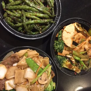 Szechuan string beans, veggie "chicken" with broccoli, and beef chow fun