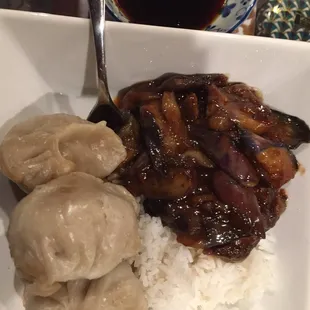 Szechuan eggplant and steamed dumplings
