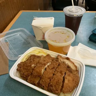 Lemon chicken and sweetened Chinese iced tea ($1- not on menu but in display fridge )