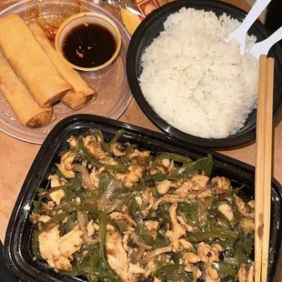 E04. Chicken with Hot Pepper, steamed rice and 3 spring rolls! Tasted fresh and was delicious!  They have hot chili oil if you ask! (: