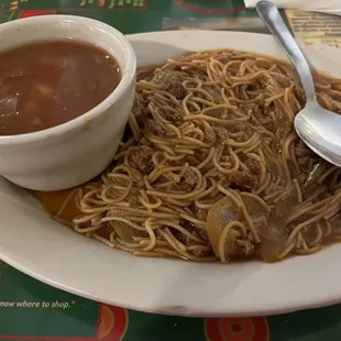 Fideo con carne with a side of frijoles en bola and homemade flour tortillas 9.99 (special)