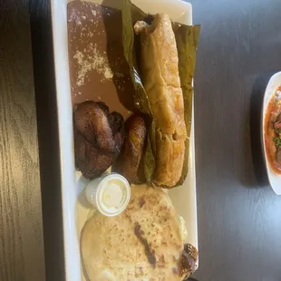 Jalapeño pupusa, plantains, crema and a pork tamale  #3 Combination