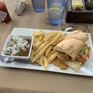 Lunch menu. 1/2 shrimp Po Boys, fries &amp; gumbo