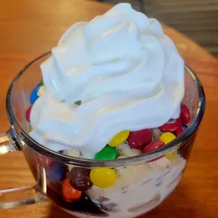 #1 Uncle Dean. Cookie Dough ice cream with hot fudge and M&amp;Ms.