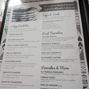 Breakfast portion of the menu