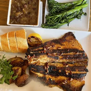 Grilled trout, black beans, broccolini and potatoes