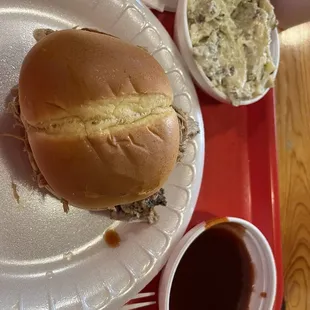 My pulled pork sandwich and potato salad