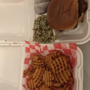 Chopped brisket, fries, tabouli