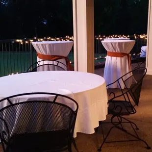 Back patio of the Banquet Hall set up for a wedding reception.