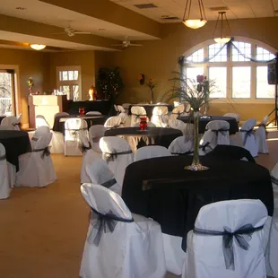 Our Banquet Hall set up for a Wedding Reception, including bar and DJ.