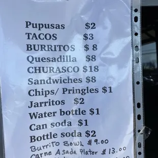 Menu with prices
