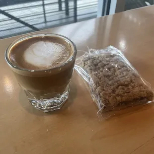 Cortado and blueberry oat bar.