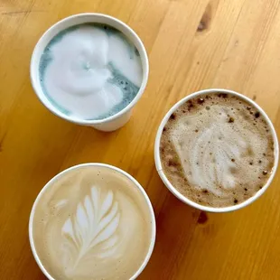 Latte, Smurf latte, and Chagaccino Latte