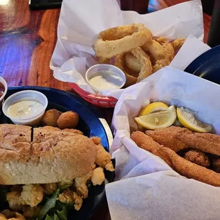 Po'boy, onion rings and catfish fillets
