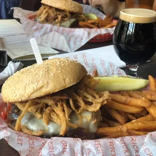 Delicious French onion Burger with not so delicious French fries, washed down with coffee stout.