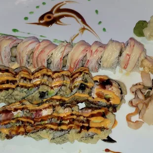 Yummy roll and Dragon roll plus a taste of squid salad