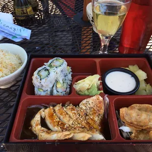 The Lunch Bento Box has so much food for a great price! Everything you see in the picture plus a side salad and cup of soup for just $8.50.