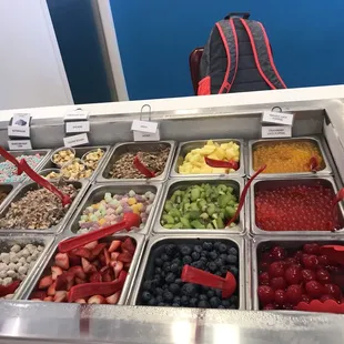 Lots of cold toppings and fruits....