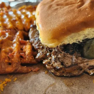 Steak sandwich. Loaded Waffle fries