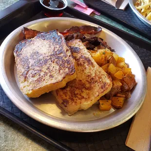 French toast with hash browns and extra crisp bacon