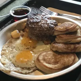 Silver dollar pancakes, eggs, hash browns and sausage