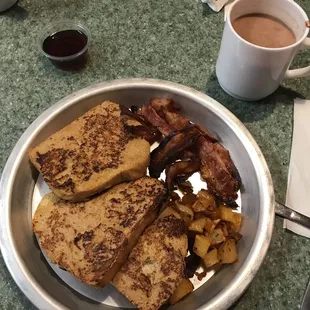 French toast bacon, home fries and hot chocolate