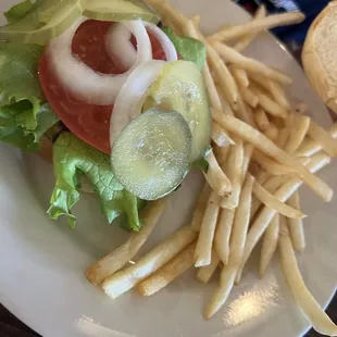 Kids cheeseburger with fries, and a side of applesauce