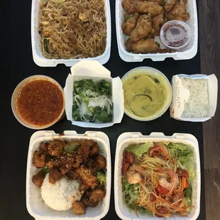Top left clockwise: pad Thai, chicken wings, yellow curry, papaya salad, Thai crispy chicken, Tom yum noodle soup