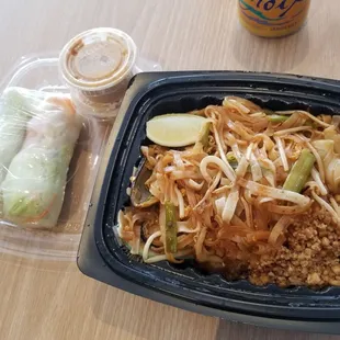 Delivery. Veggie spwing wolls. Pad thai w/seafood egg