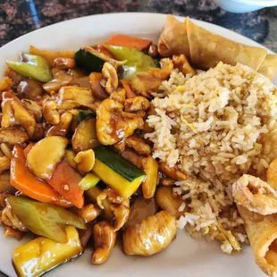 Cashew Chicken lunch special $13.50 - Includes: Soup, Wonton, Egg roll &amp; Rice