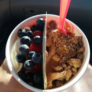 Half White Chocolate topped with blueberries and cherries and half Chocoholic topped with reese's PB cup chunks