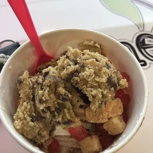 White choco froyo, cheesecake froyo, pearls, cheesecake bites, heath, and cookie dough