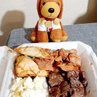 Mac-potato salad, Hawaiian BBQ chicken, kalbi, fried won tons, and cold noodles salad underneath won tons. 3/1/24