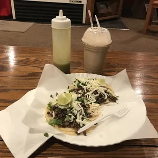 The steak tacos and a chocolate oatmeal shake made with real oatmeal!