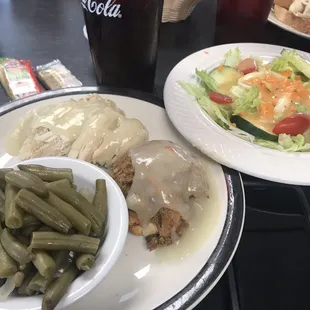 Turkey and stuffing, green beans, &amp; side salad with creamy Italian.