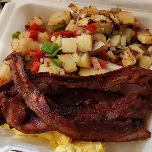 Home potatoes eggs and crispy bacon, on request