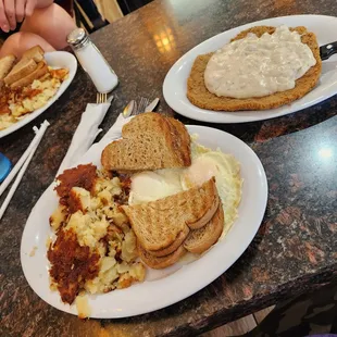 Country Fried Steak, hash brown's and 2 eggs and toast
