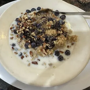 Oatmeal with blueberries, raisins, pecans, and brown sugar.