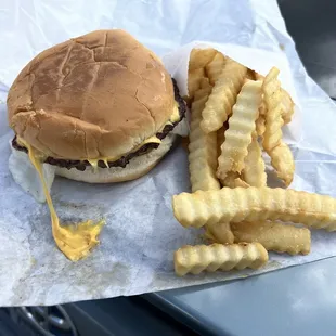a hamburger and fries