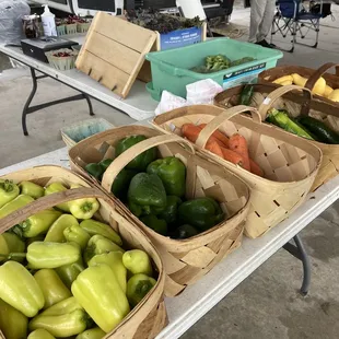 a variety of vegetables in baskets