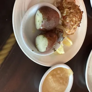 Chicken Chesapeake with crab imperial, red potatoes and applesauce