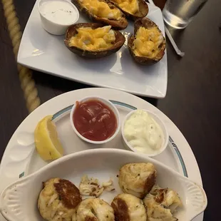 Crab potato skins and broiled crab balls