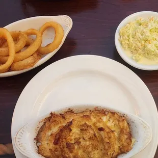 Crab Imperial, Onion Rings, and Coleslaw
